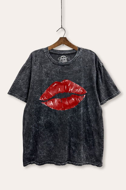 Red Lips Graphic Mineral Wash Distress Tee