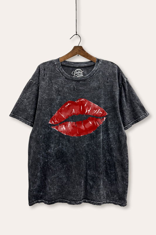 red kiss lips graphic mineral wash laser distress tee