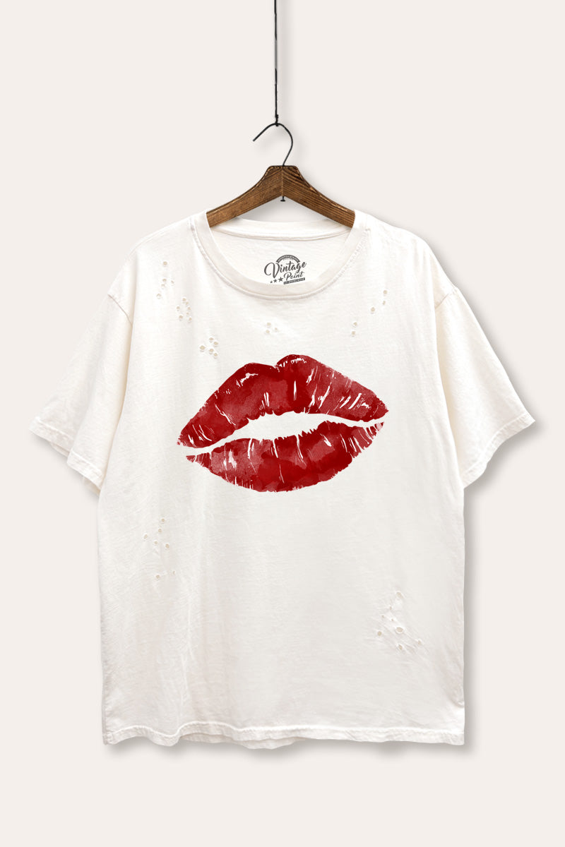 red kiss lips graphic mineral wash laser distress tee