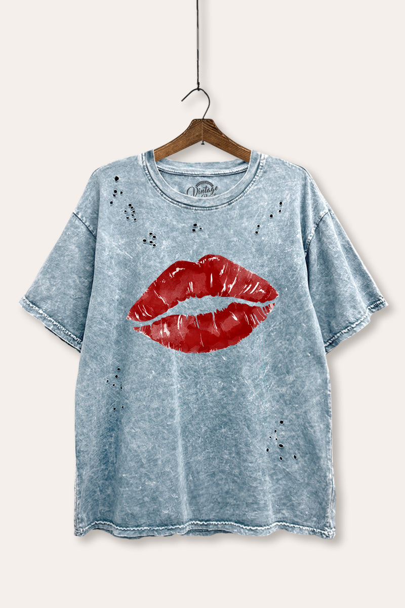 red kiss lips graphic laser cut distress tee
