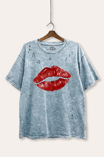 Red Lips Graphic Mineral Wash Distress Tee