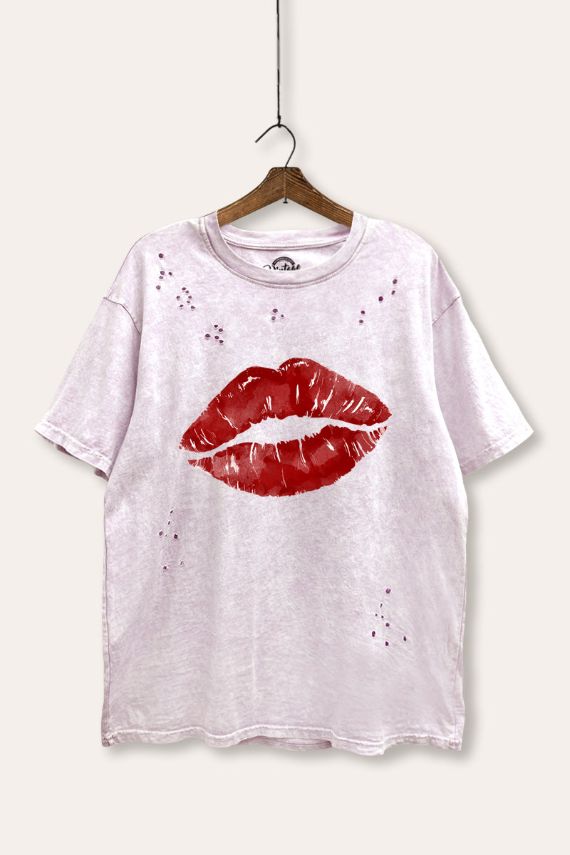 red kiss lips graphic laser cut distress tee