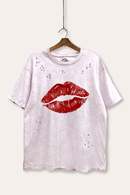 Red Lips Graphic Mineral Wash Distress Tee