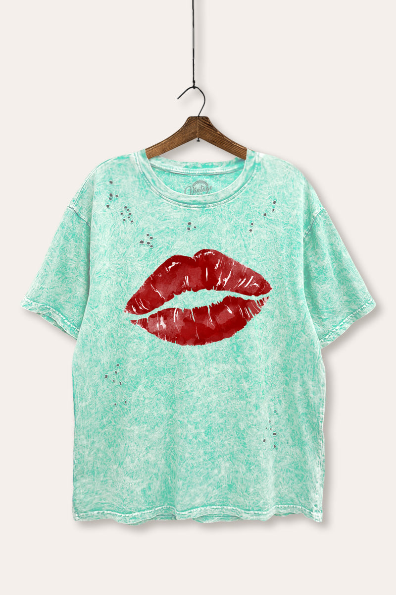red kiss lips graphic laser cut distress tee
