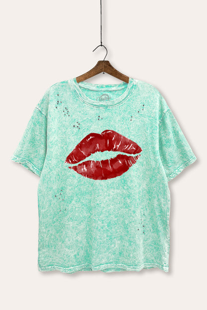 Red Lips Graphic Mineral Wash Distress Tee