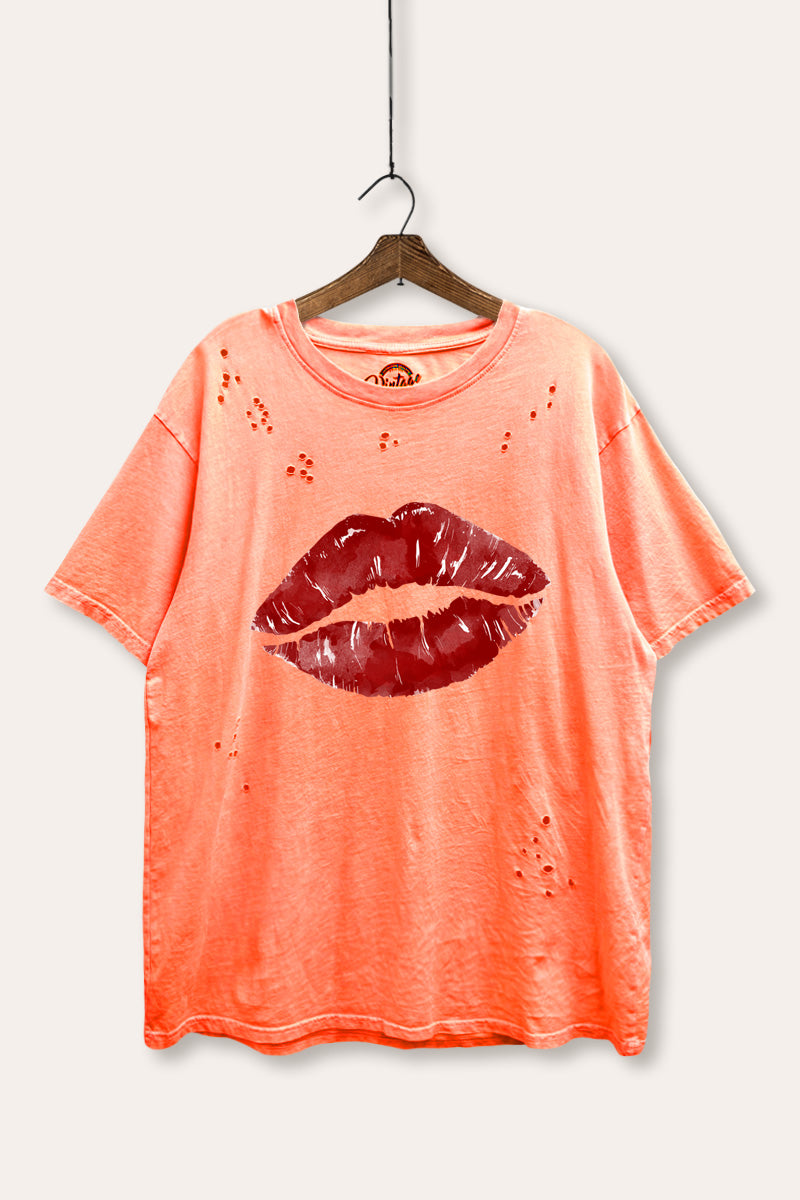 red kiss lips graphic laser cut distress tee