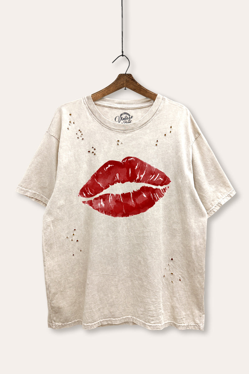 red kiss lips graphic laser cut distress tee