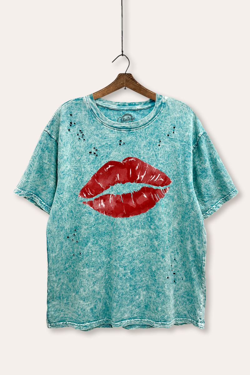 red kiss lips graphic laser cut distress tee