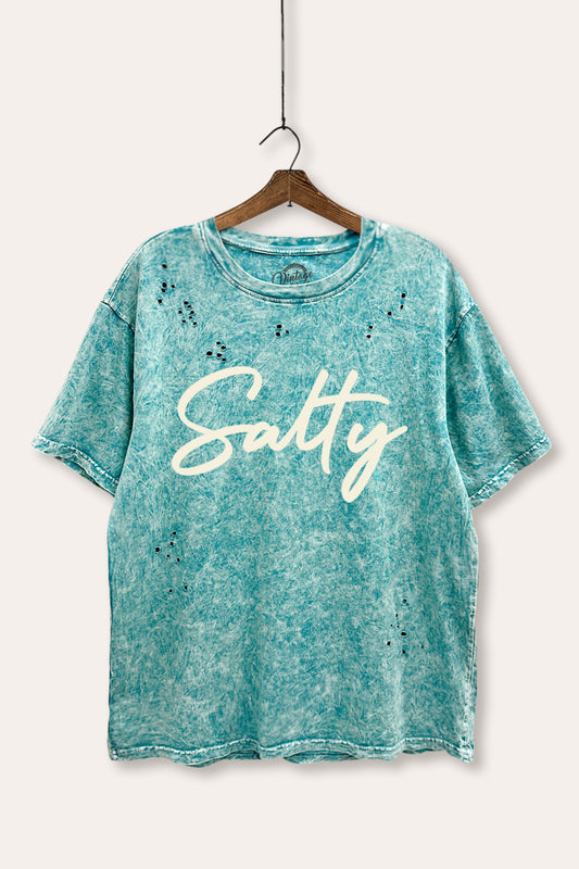 "salty" graphic mineral wash laser distress tee