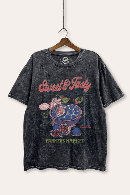 Sweet & Tasty Blueberry Fruit Graphic Mineral Wash Distress Tee
