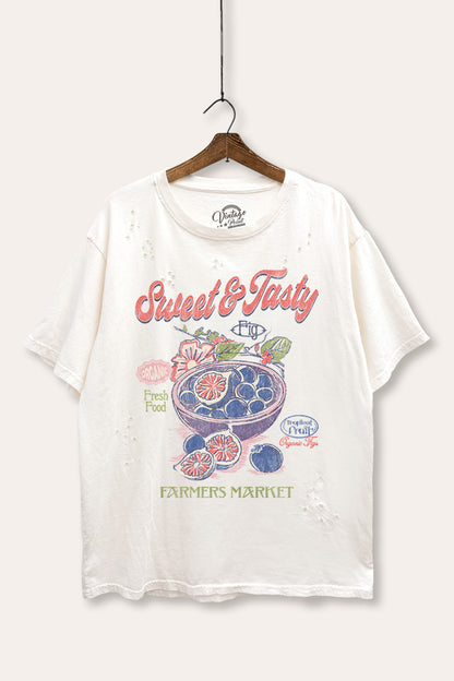 Sweet & Tasty Blueberry Fruit Graphic Mineral Wash Distress Tee