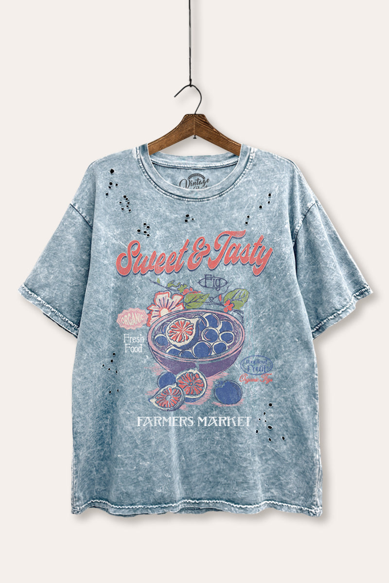 Sweet & Tasty Blueberry Fruit Graphic Mineral Wash Distress Tee