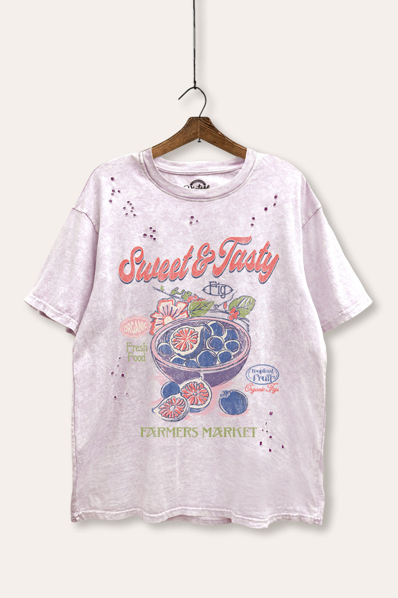 Sweet & Tasty Blueberry Fruit Graphic Mineral Wash Distress Tee