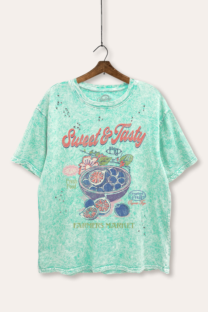 Sweet & Tasty Blueberry Fruit Graphic Mineral Wash Distress Tee