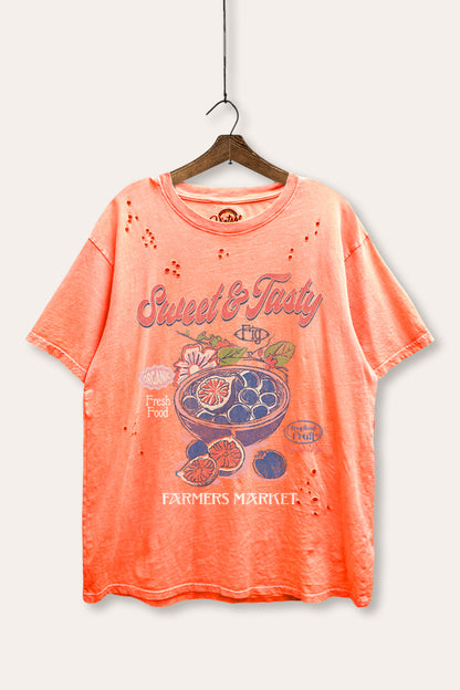 Sweet & Tasty Blueberry Fruit Graphic Mineral Wash Distress Tee