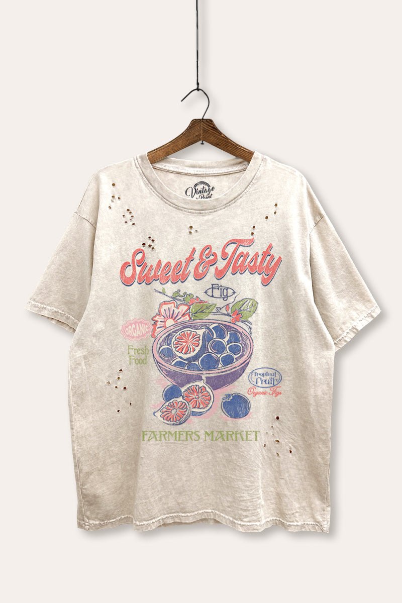 sweet & tasty blueberries graphic laser cut distress tee