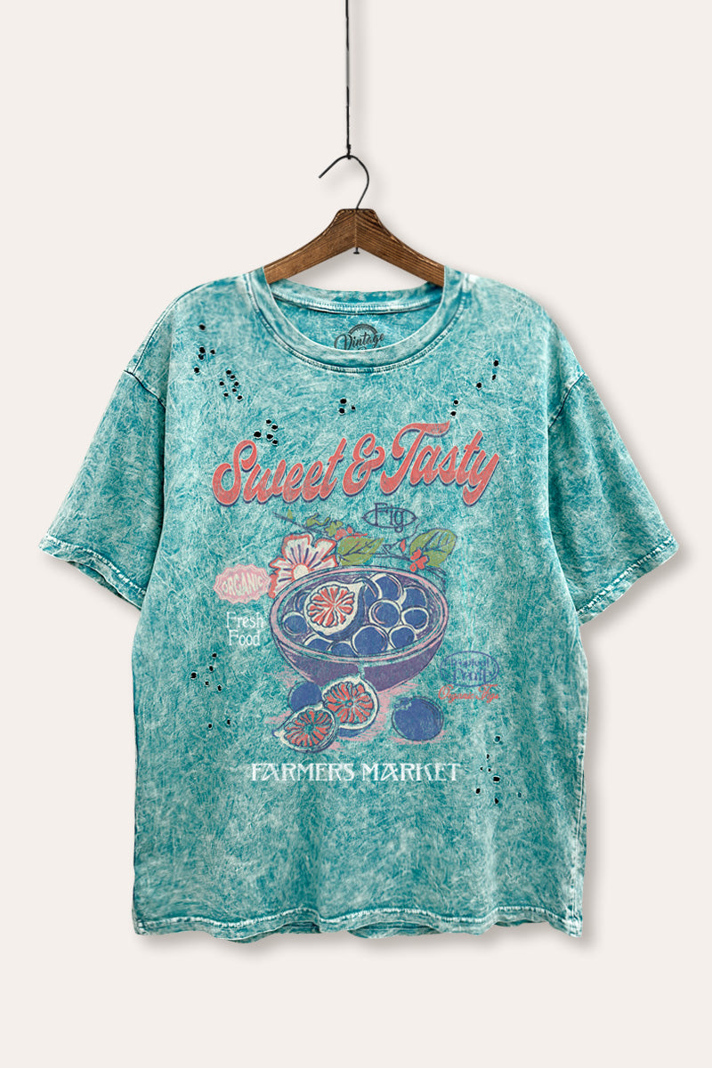 sweet & tasty blueberries graphic laser cut distress tee