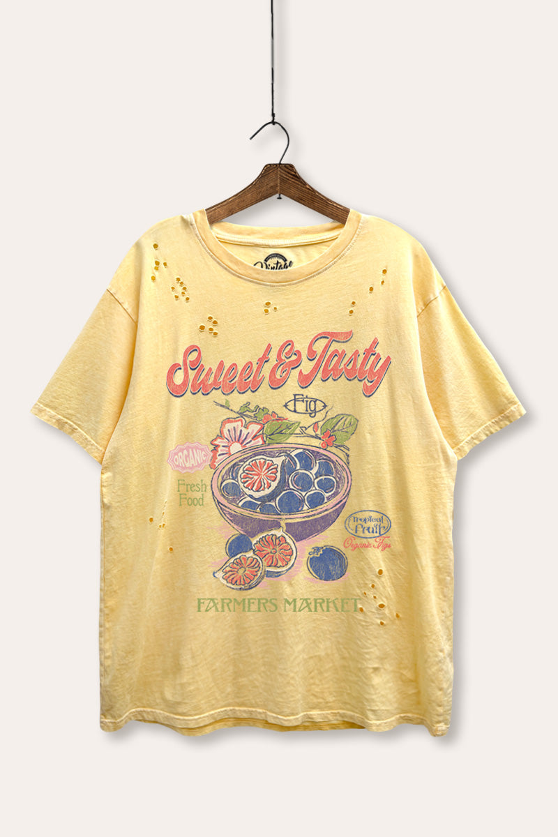 Sweet & Tasty Blueberry Fruit Graphic Mineral Wash Distress Tee