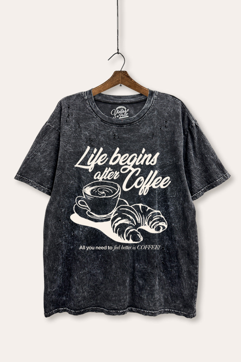 coffee & croissant graphic laser cut distress tee