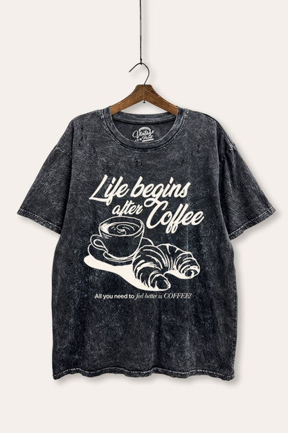 Life Begins After Coffee Croissant Graphic Mineral Wash Distress Tee