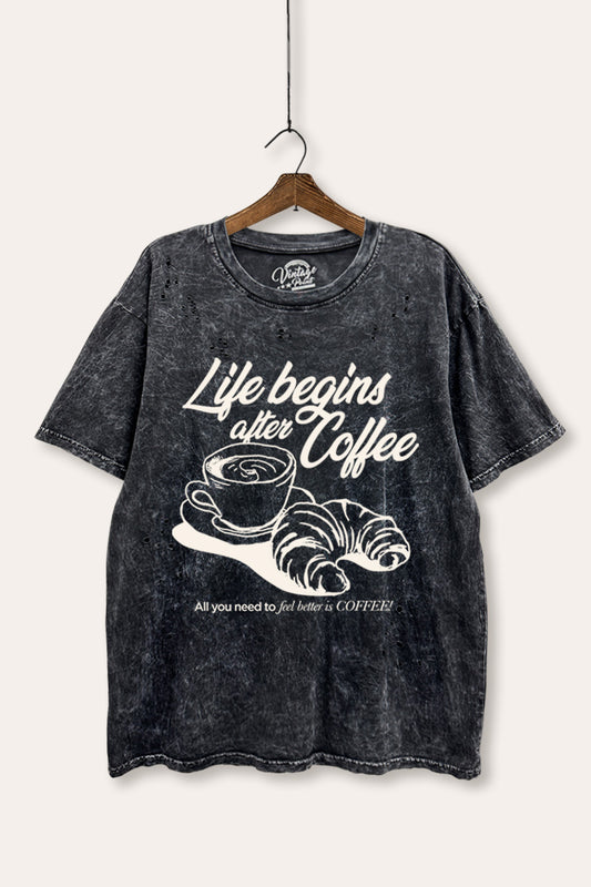 coffee & croissant graphic mineral wash laser distress tee