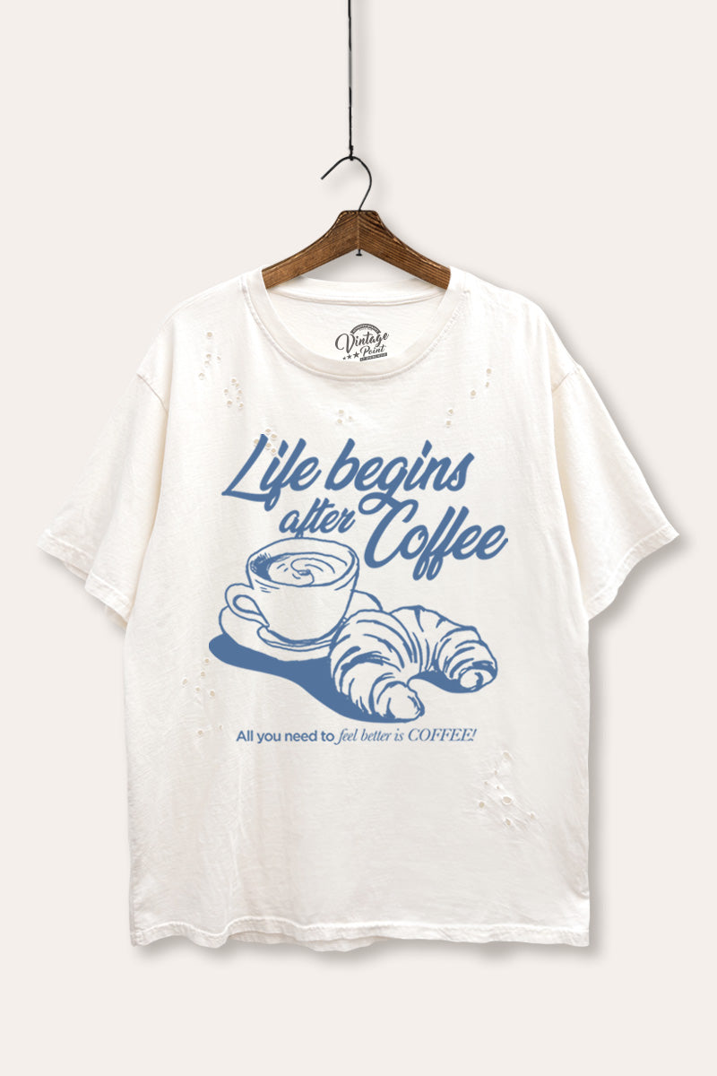 coffee & croissant graphic laser cut distress tee