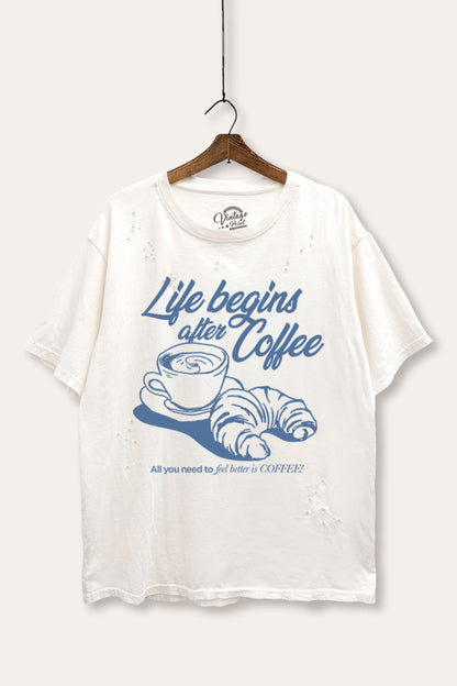 Life Begins After Coffee Croissant Graphic Mineral Wash Distress Tee