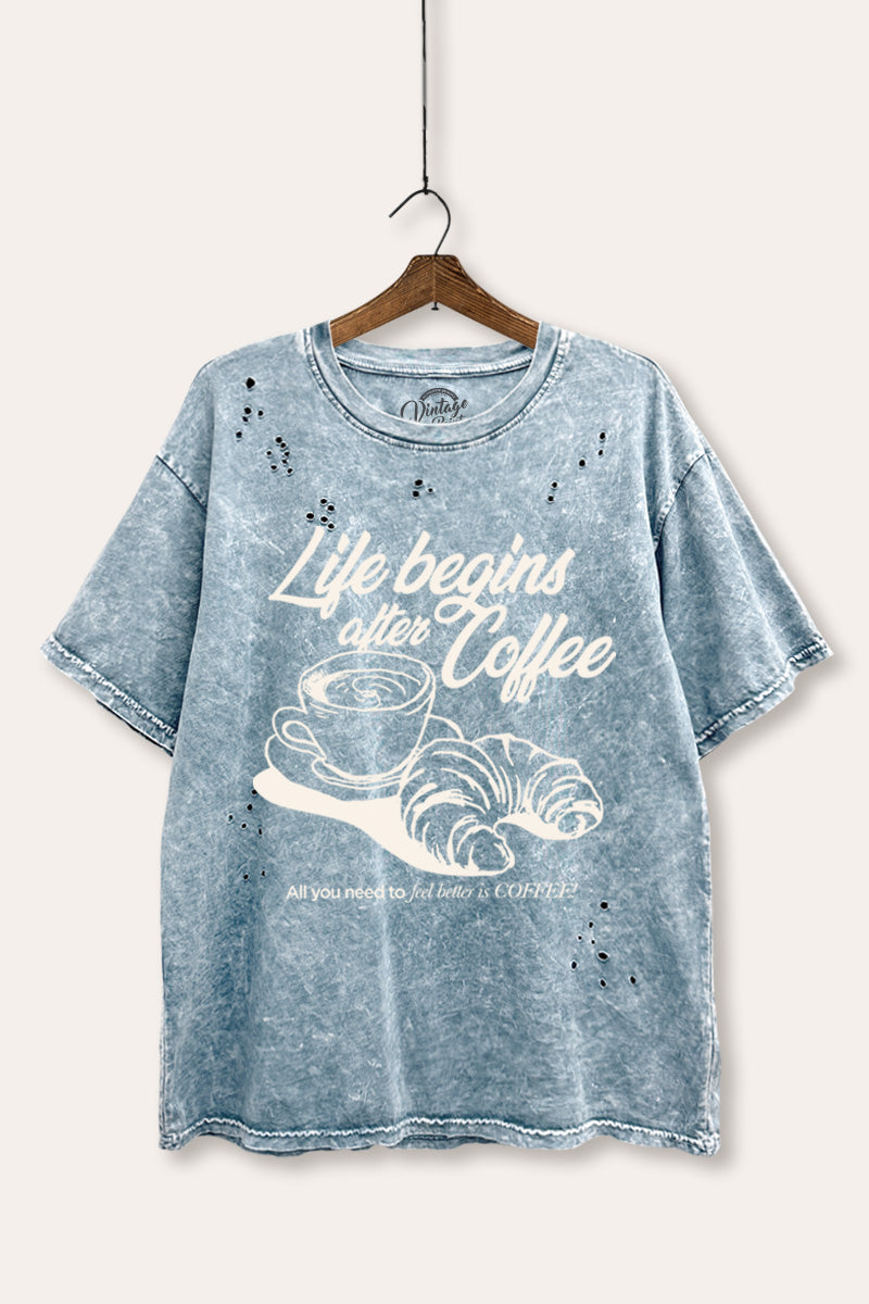 coffee & croissant graphic laser cut distress tee
