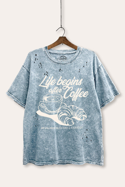 Life Begins After Coffee Croissant Graphic Mineral Wash Distress Tee