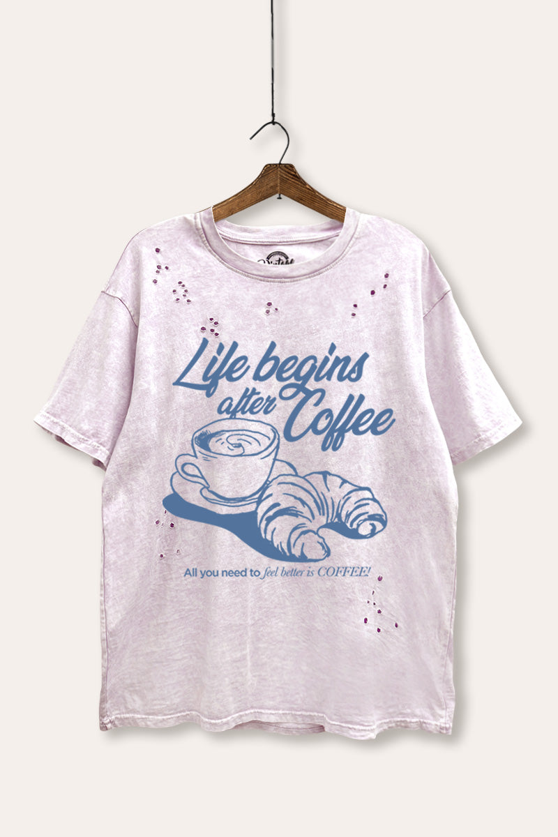 coffee & croissant graphic laser cut distress tee