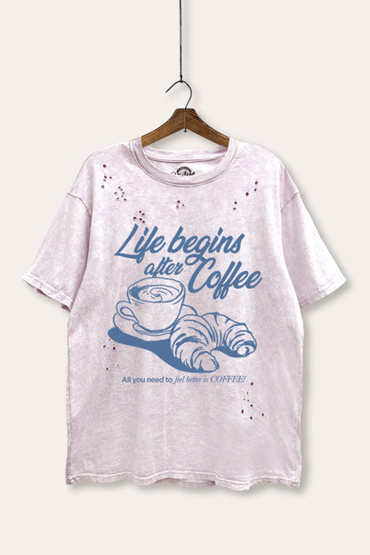 Life Begins After Coffee Croissant Graphic Mineral Wash Distress Tee