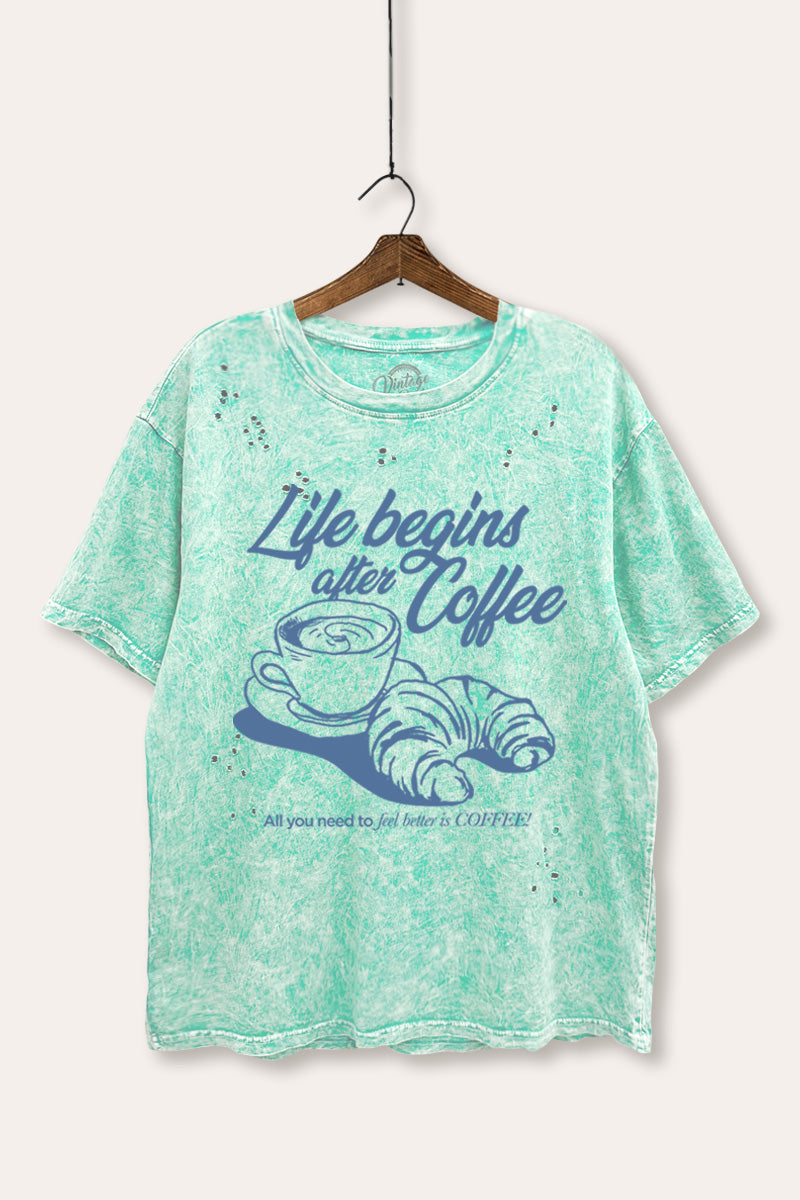 coffee & croissant graphic laser cut distress tee