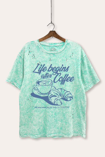Life Begins After Coffee Croissant Graphic Mineral Wash Distress Tee