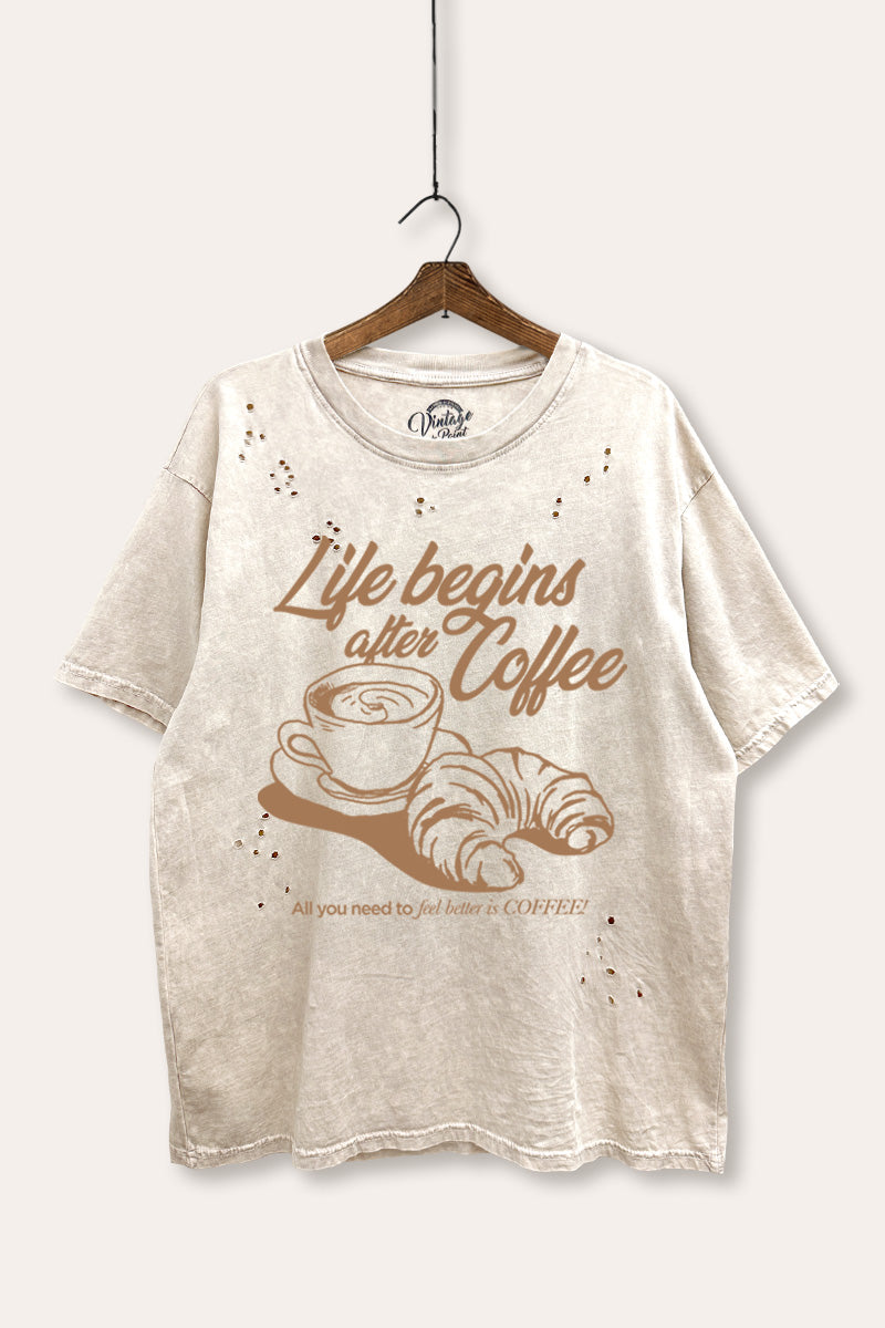 coffee & croissant graphic laser cut distress tee