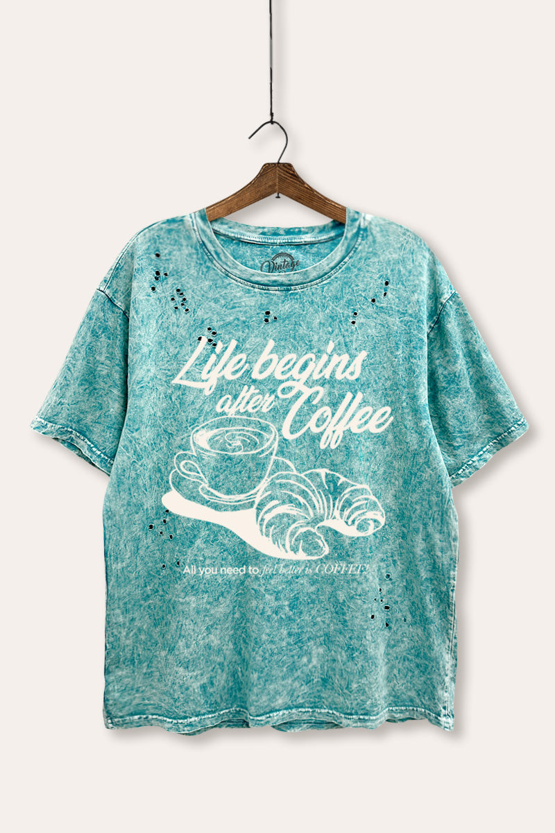 coffee & croissant graphic laser cut distress tee