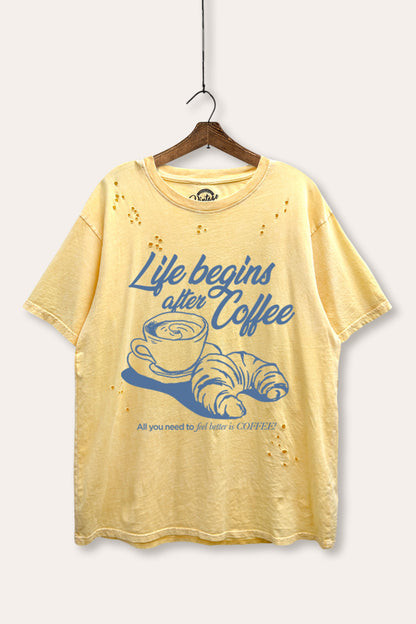 Life Begins After Coffee Croissant Graphic Mineral Wash Distress Tee