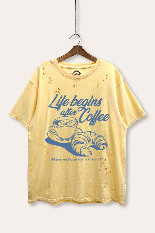 coffee & croissant graphic mineral wash laser distress tee