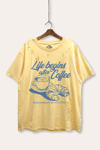coffee & croissant graphic laser cut distress tee