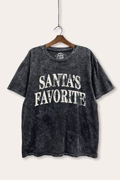 Santa's Favorite Stacked Typography Mineral Wash Distress Tee