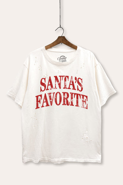 Santa's Favorite Stacked Typography Mineral Wash Distress Tee