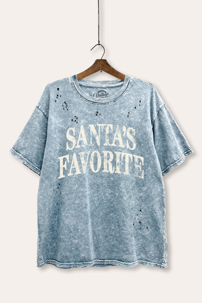 Santa's Favorite Stacked Typography Mineral Wash Distress Tee