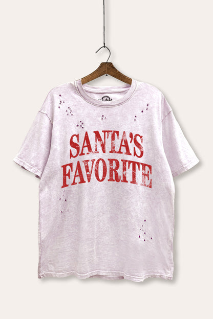 Santa's Favorite Stacked Typography Mineral Wash Distress Tee