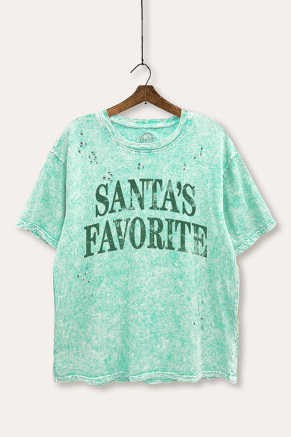Santa's Favorite Stacked Typography Mineral Wash Distress Tee