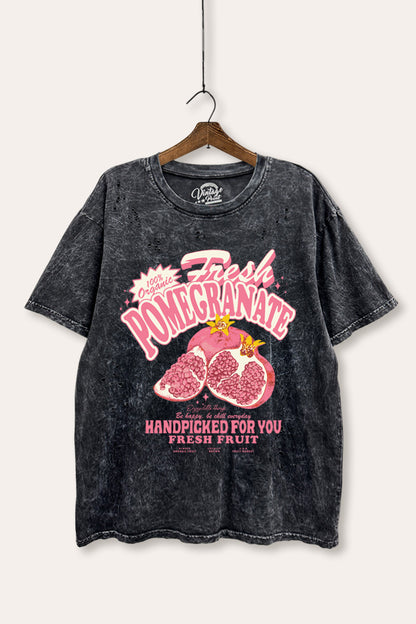 Fresh Pomegranate Fruit Graphic Mineral Wash Distress Tee