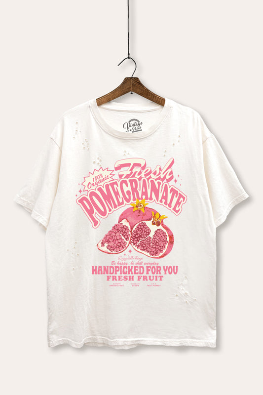 fresh pomegranate fruit graphic mineral wash laser distress tee