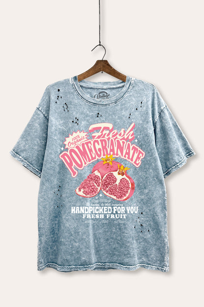 Fresh Pomegranate Fruit Graphic Mineral Wash Distress Tee