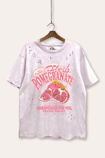 Fresh Pomegranate Fruit Graphic Mineral Wash Distress Tee