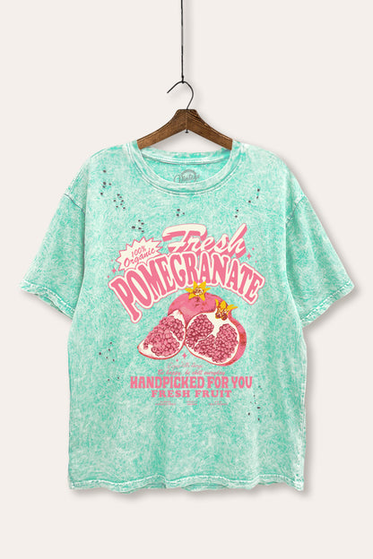 Fresh Pomegranate Fruit Graphic Mineral Wash Distress Tee