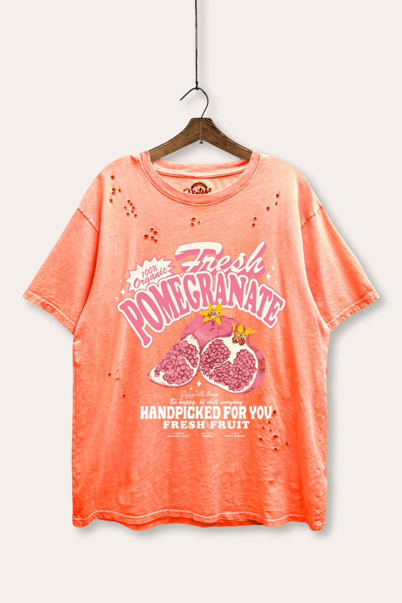fresh pomegranate graphic laser cut distress tee
