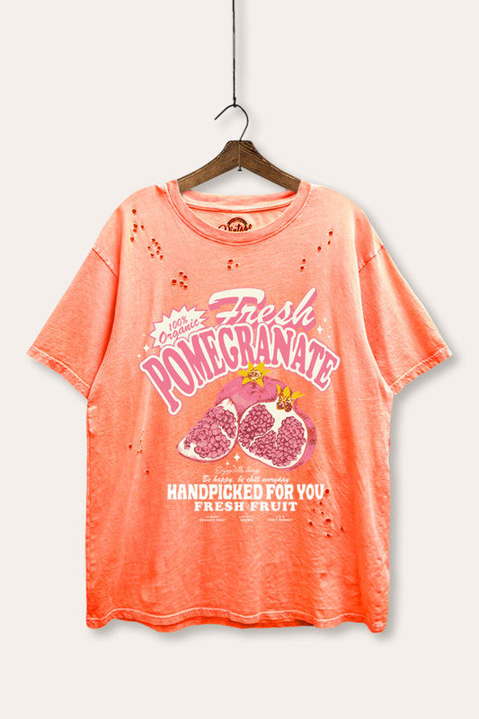 fresh pomegranate fruit graphic mineral wash laser distress tee
